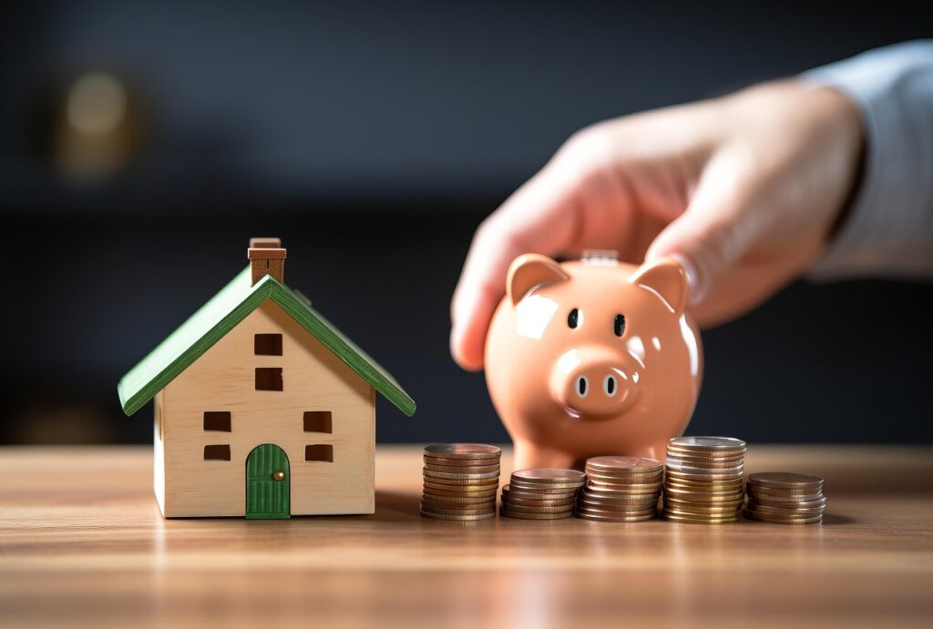 Model house beside a piggy bank and stacked coins